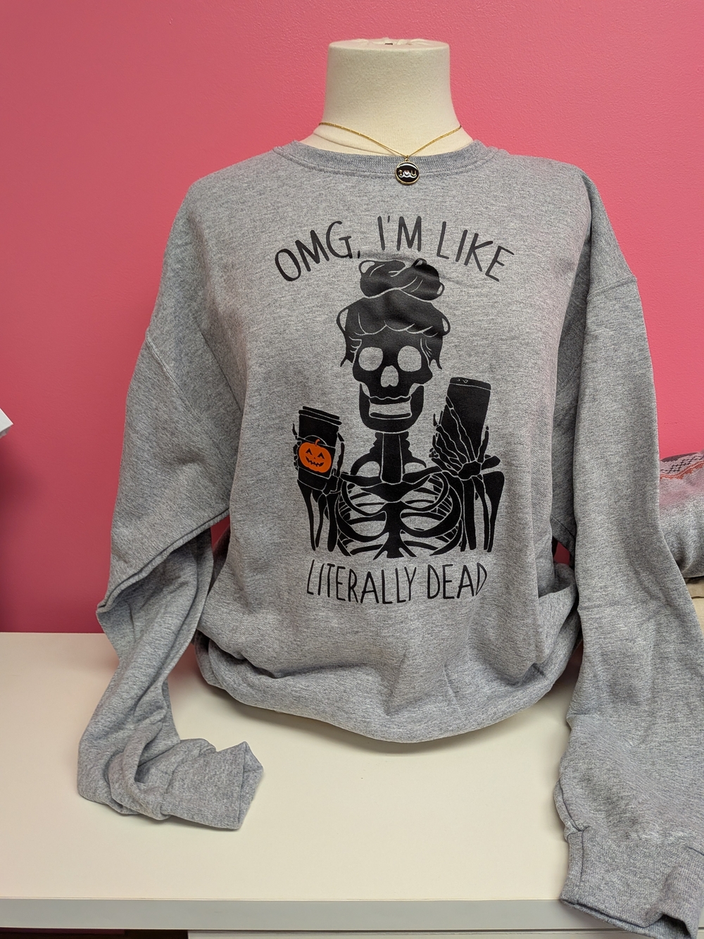 Gildan Grey Crewneck Sweatshirt with Black Halloween Skeleton Graphic